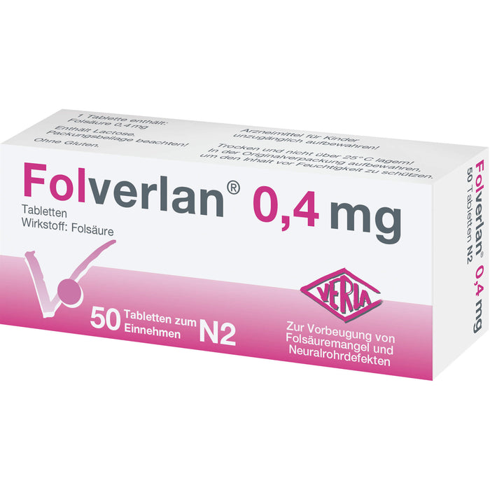 Folverlan 0,4 mg Tabletten zur Vorbeugung von Folsäuremangel und Neuralrohrdefekten, 50 pcs. Tablets