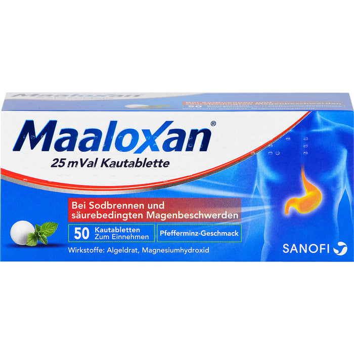 Maaloxan 25 mVal bei Sodbrennen Kautabletten Pfefferminz-Geschmack, 50 pcs. Tablets