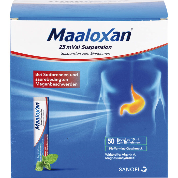 Maaloxan 25 mVal Suspension Pfefferminz bei Sodbrennen, 50 pcs. Sachets