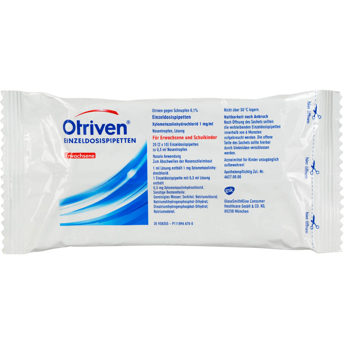 Otriven 0,1 % ohne Konservierungsstoffe Einzeldosispipetten für Erwachsene, 40 pc Pipettes à dose unique