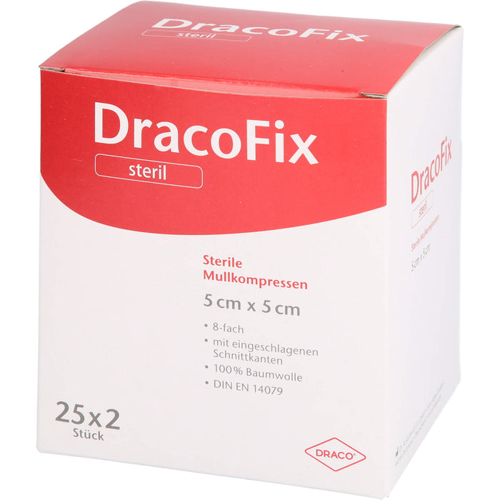 DracoFix sterile Mullkompressen zur Wundversorgung 5 cm x 5 cm 8-fach, 50 pc Compresses