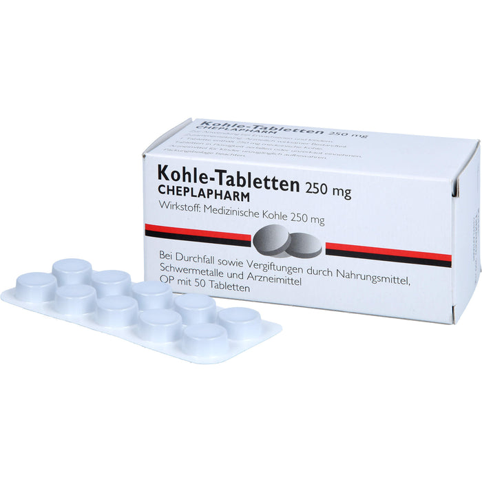 Kohle Tabletten 250 mg bei Durchfall sowie Vergiftungen durch Nahrungsmittel, Schwermetalle und Arzneimittel, 50 pcs. Tablets