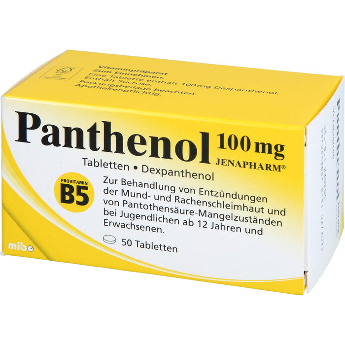 Panthenol 100 mg JENAPHARM Tabletten zur Behandlung von Entzündungen der Mund- und Rachenschleimhaut und von Pantothensäure-Mangelzuständen, 50 pc Tablettes