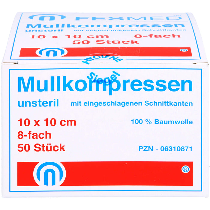 FESMED ES-Mullkompressen 10 x 10 cm 8fach unsteril mit eingeschlagenen Schnittkanten, 50 pcs. Compresses