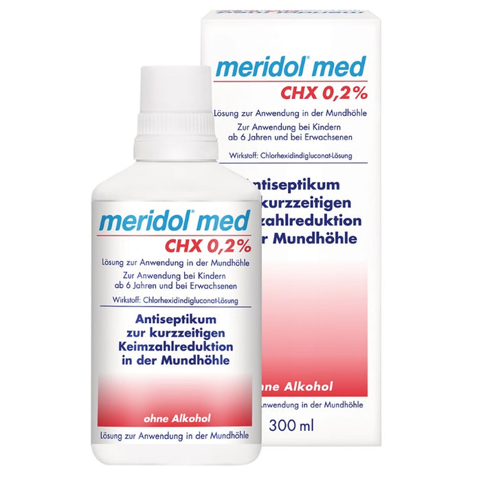 meridol med CHX 0,2% Antibakterielle Mundspülung mit Chlorhexidin zur Bekämpfung bakterieller Entzündungen in der Mundhöhle mit mildem Geschmack, 300 ml Solution