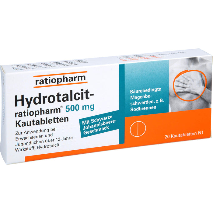 Hydrotalcit-ratiopharm 500 mg Kautabletten bei säurebedingte Magenbeschwerden wie Sodbrennen, 20 St. Tabletten