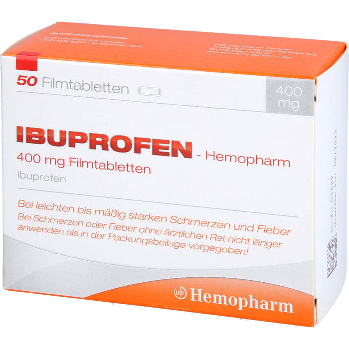 Ibuprofen-Hemopharm 400 mg Filmtabletten  bei leichten bis mäßig starken Schmerzen und Fieber, 50 pc Tablettes