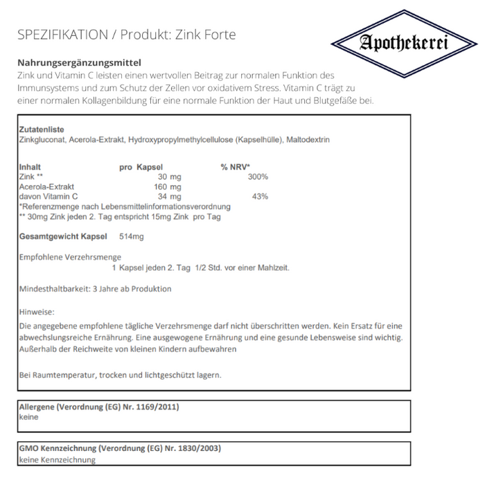 Apothekerei Zink forte + Vitamin C, 90 St. Kapseln