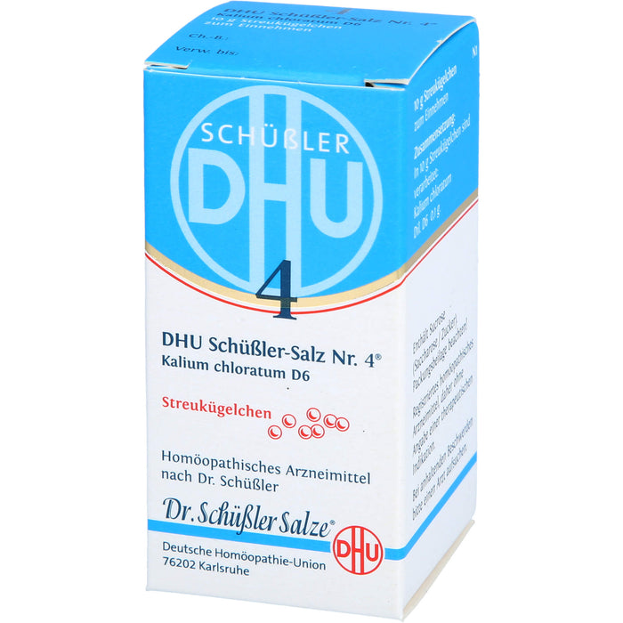 DHU Schüßler-Salz Nr. 4 Kalium chloratum D6 Streukügelchen – Das Mineralsalz der Schleimhäute – das Original – umweltfreundlich im Arzneiglas, 10 g Globuli