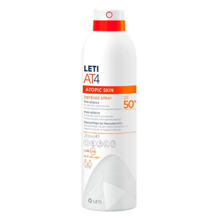 LETI AT4 Defense Spray SPF 50+ - Sonnenpflege für den Körper mit sehr hohem Lichtschutzfaktor bei trockener oder zu Neurodermitis neigender Haut, 200 ml Solution