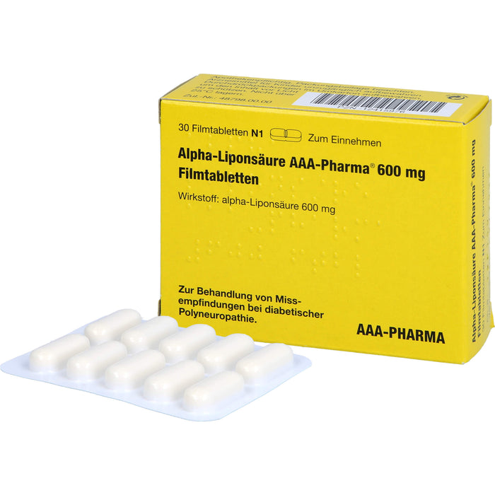 Alpha-Liponsäure AAA-Pharma 600 mg Filmtabletten zur Behandlung von Missempfindungen bei diabetischer Polyneuropathie, 30 pcs. Tablets