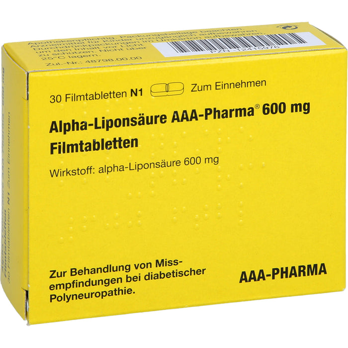 Alpha-Liponsäure AAA-Pharma 600 mg Filmtabletten zur Behandlung von Missempfindungen bei diabetischer Polyneuropathie, 30 pc Tablettes