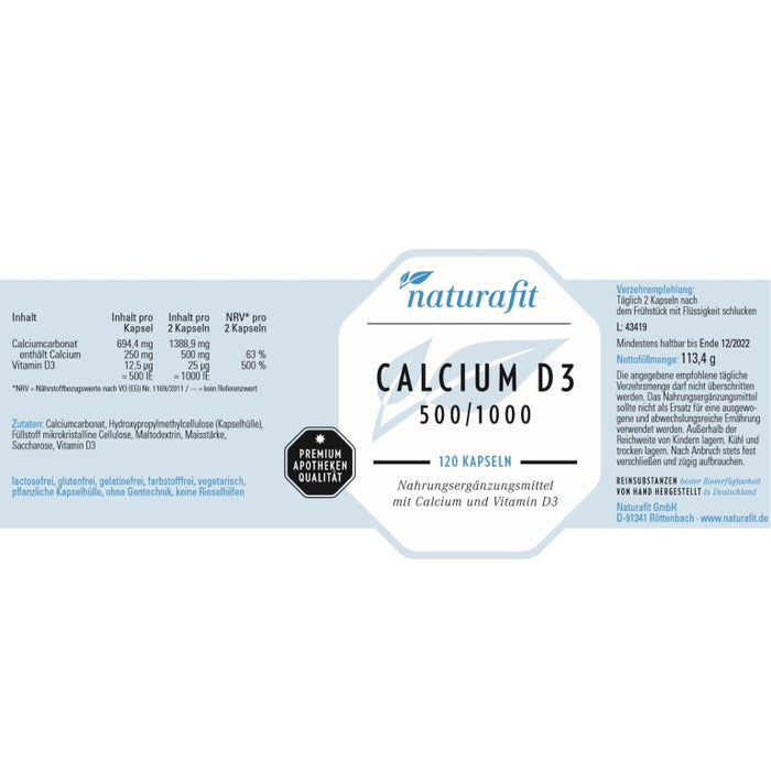 naturafit Calcium D3 500/1000 Kapseln, 120 pc Capsules