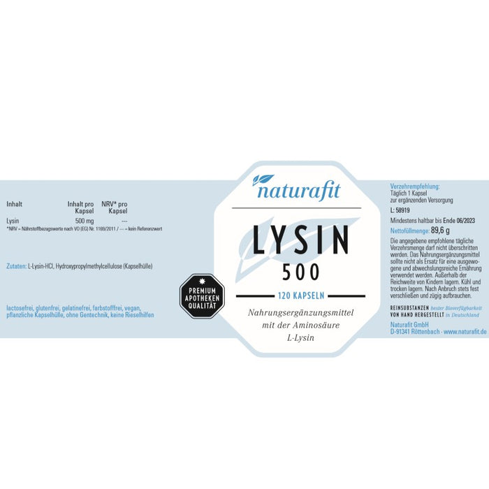 naturafit Lysin 500 Kapseln, 120 pcs. Capsules