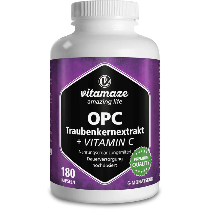 Vitamaze OPC Traubenkernextrakt hochdosiert + Vitamin C Kapseln, 180 pcs. Capsules