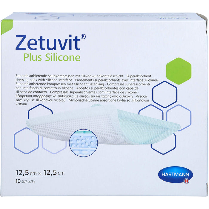 Zetuvit Plus Silicone steril 12,5 cm x 12,5 cm superabsorbierende Saugkompressen mit Silikonwundkontaktschicht, 10 St. Kompressen