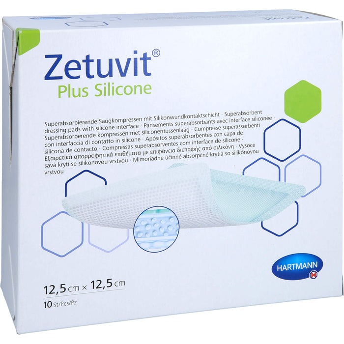 Zetuvit Plus Silicone steril 12,5 cm x 12,5 cm superabsorbierende Saugkompressen mit Silikonwundkontaktschicht, 10 St. Kompressen