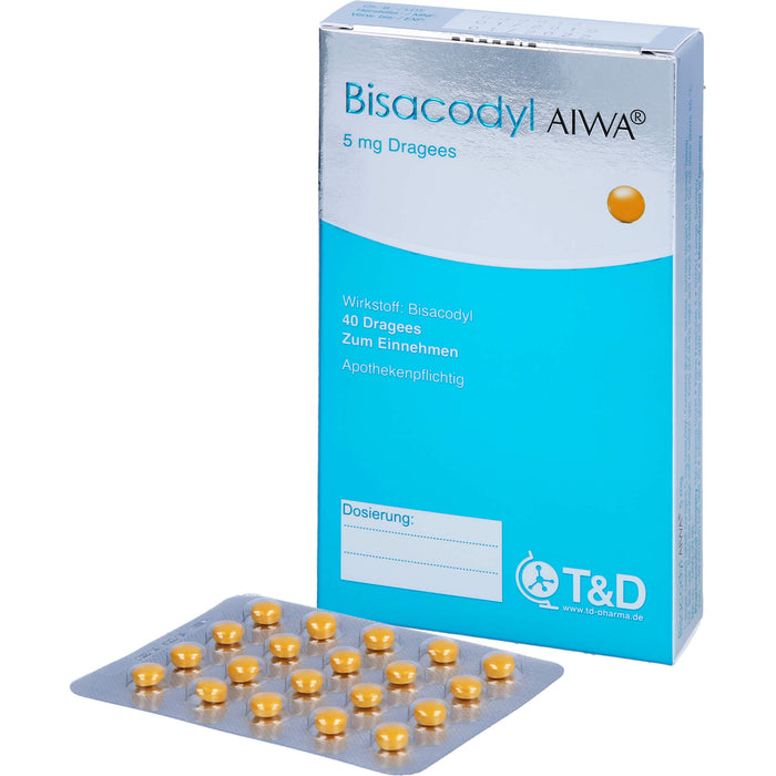 Bisacodyl AIWA 5 mg Dragees für einen erweichten und beschleunigten Stuhlgang, 40 pc Tablettes