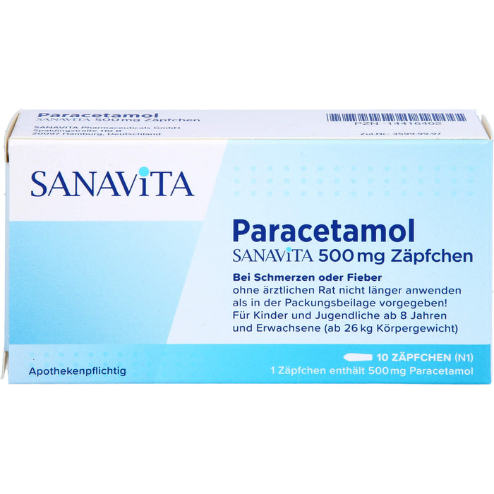 SANAVITA Paracetamol 500 mg Zäpfchen bei Schmerzen und Fieber, 10 pc Suppositoires