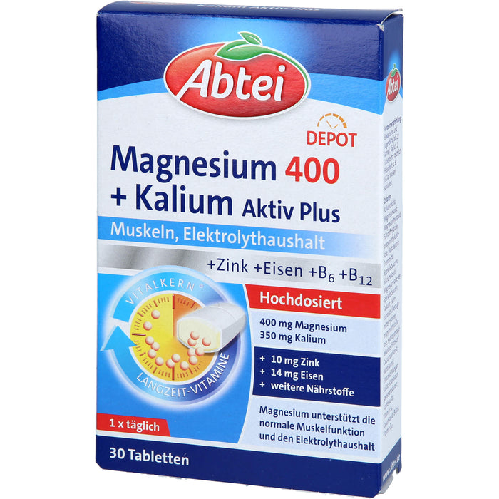 Abtei Magnesium 400 + Kalium aktiv plus Tabletten für Muskeln und Elektrolythaushalt, 30 St. Tabletten