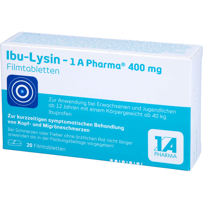 Ibu-Lysin 1A Pharma 400 mg Filmtabletten zur kurzzeitigen symptomatischen Behandlung von Kopf- und Migräneschmerzen, 20 St. Tabletten