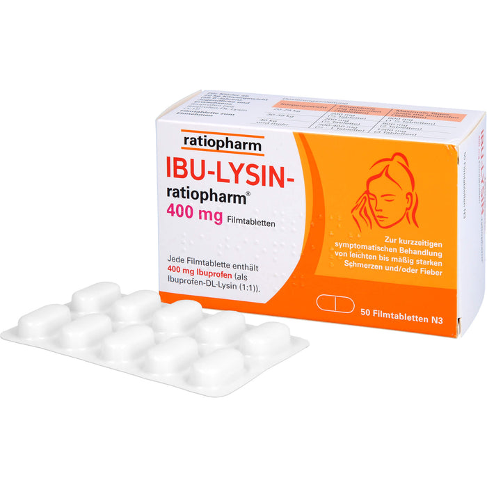 Ibu-Lysin-ratiopharm 400 mg Filmtabletten bei Schmerzen und Fieber, 50 pc Tablettes