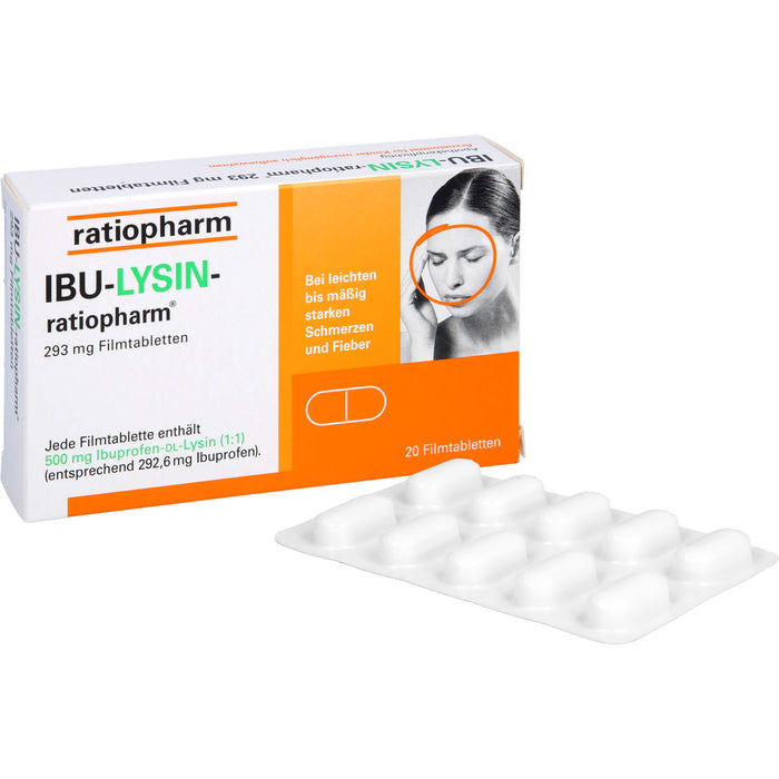 IBU-LYSIN-ratiopharm 293 mg Filmtabletten bei Schmerzen und Fieber, 20 pcs. Tablets