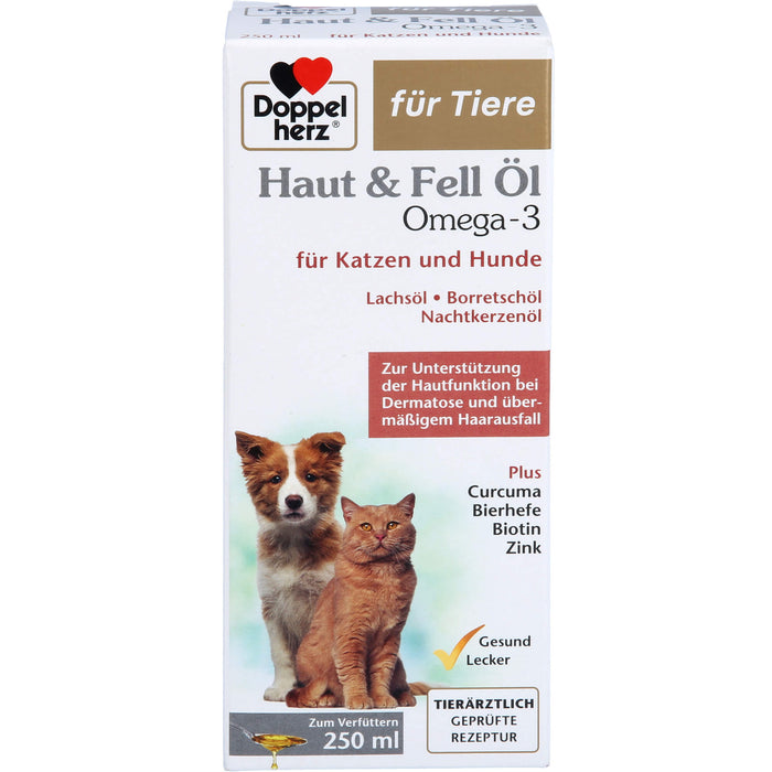 Doppelherz Haut & Fell Öl Omega 3 für Katzen + Hunde zur Unterstützung der Hautfunktion bei Dermatose und übermäßigem Haarausfall, 250 ml Lösung