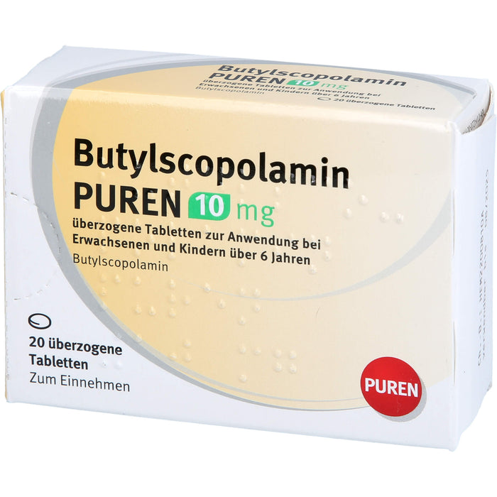 Butylscopolamin PUREN 10 mg überzogene Tabletten zur Anwendung bei Erwachsenen und Kindern über 6 Jahren, 20 St UTA