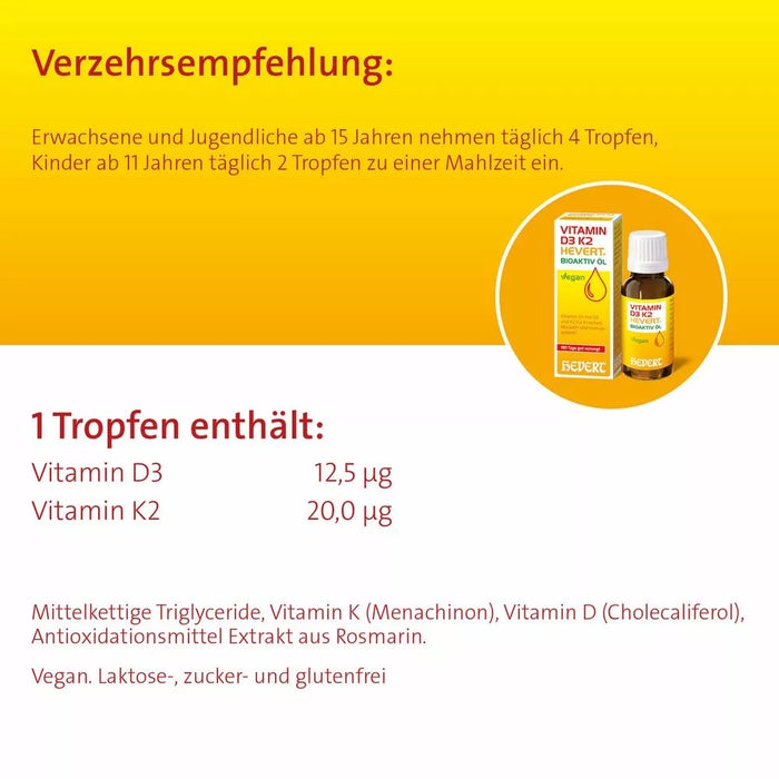 Vitamin D3 K2 HEVERT Bioaktiv Öl für gesunde Knochen und Muskeln sowie ein aktives Immunsystem, 20 ml Öl