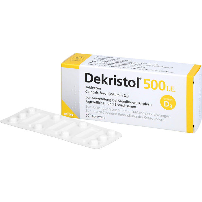 Dekristol 500 I.E. Tabletten bei Vitamin-D-Mangelerkrankungen und zur unterstützenden Behandlung der Osteoporose, 50 pc Tablettes