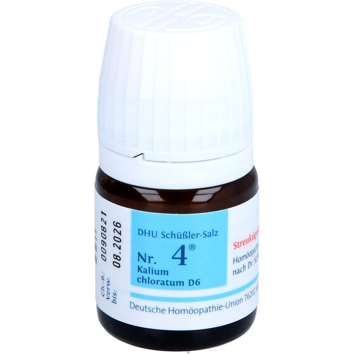 DHU Schüßler-Salz Nr. 4 Kalium chloratum D6 Streukügelchen – Das Mineralsalz der Schleimhäute – das Original – umweltfreundlich im Arzneiglas, 10 g Globuli