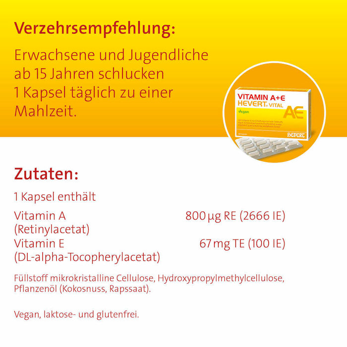 HEVERT Vitamin A + E vegane Kapseln zur Unterstützung der Erhaltung der Sehkraft und zum Schutz der Zellen vor oxidativem Stress, 60 pc Capsules