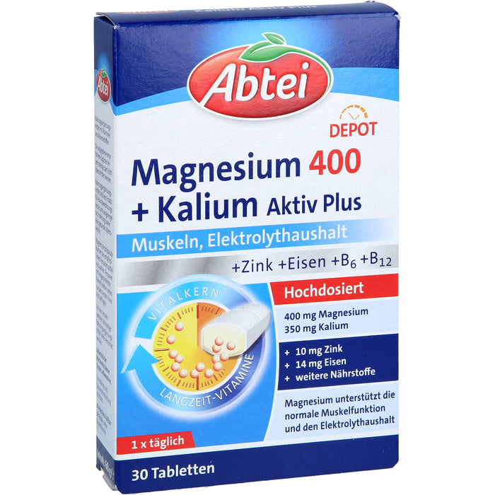 Abtei Magnesium 400 + Kalium aktiv plus Tabletten für Muskeln und Elektrolythaushalt, 30 pc Tablettes