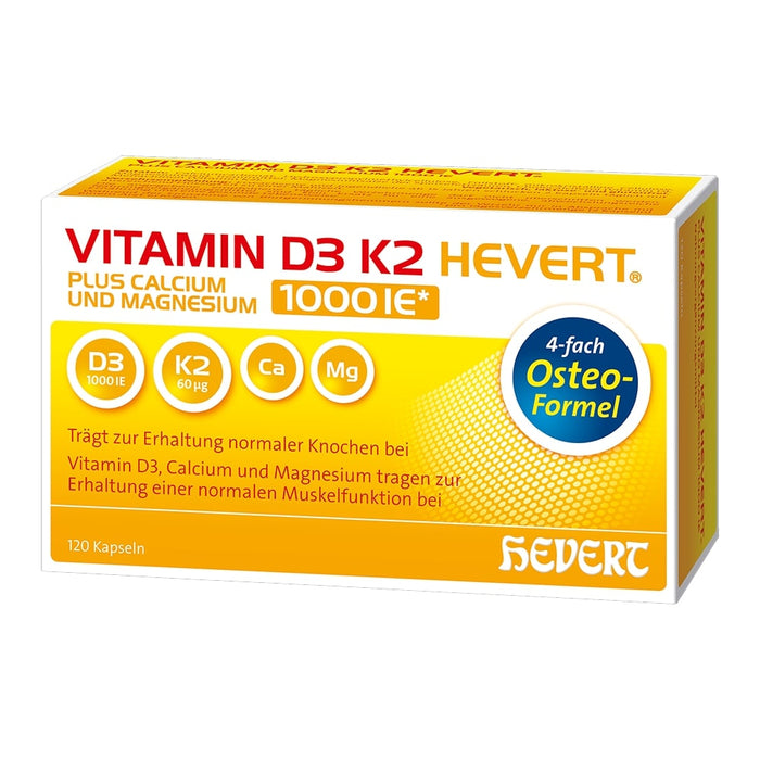 Vitamin D3 K2 Hevert plus Calcium und Magnesium 1.000 I.E. mit 4-fach Osteo-Formel für gesunde Knochen und Muskeln, 120 St. Kapseln