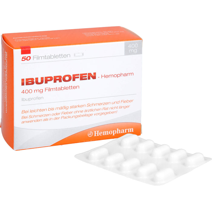 Ibuprofen-Hemopharm 400 mg Filmtabletten  bei leichten bis mäßig starken Schmerzen und Fieber, 50 pc Tablettes