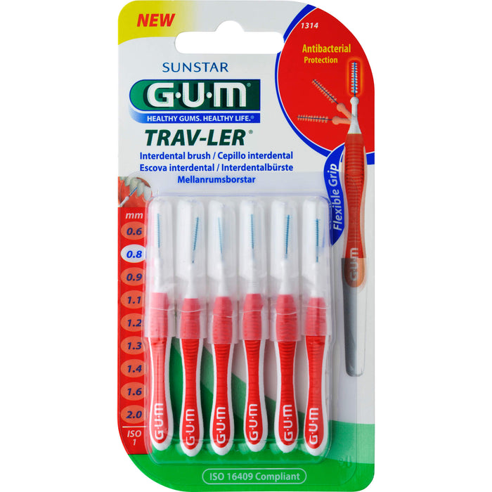 GUM TRAV-LER rot Kerze 0,8 mm antibakterielle Interdentalbürsten, 5 St. Interdentalbürsten